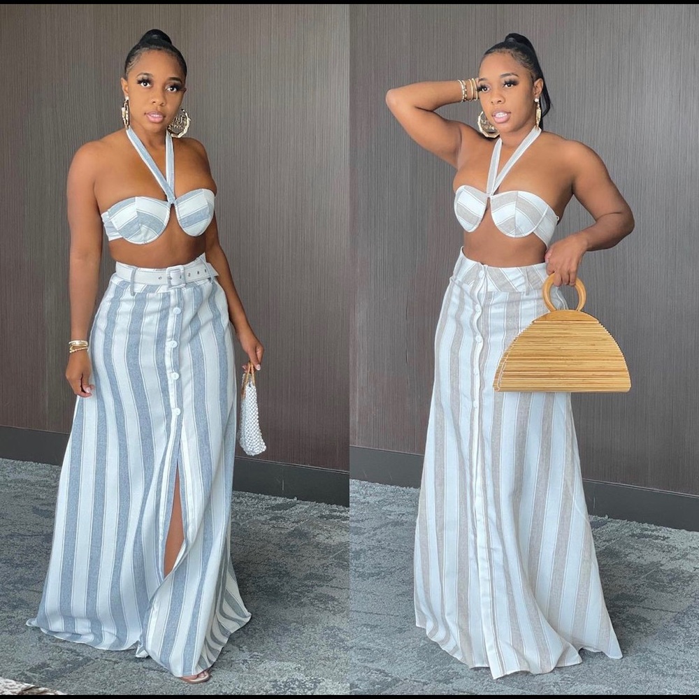 BFlyLA Blue/White Vivian Skirt Set w/ Belt